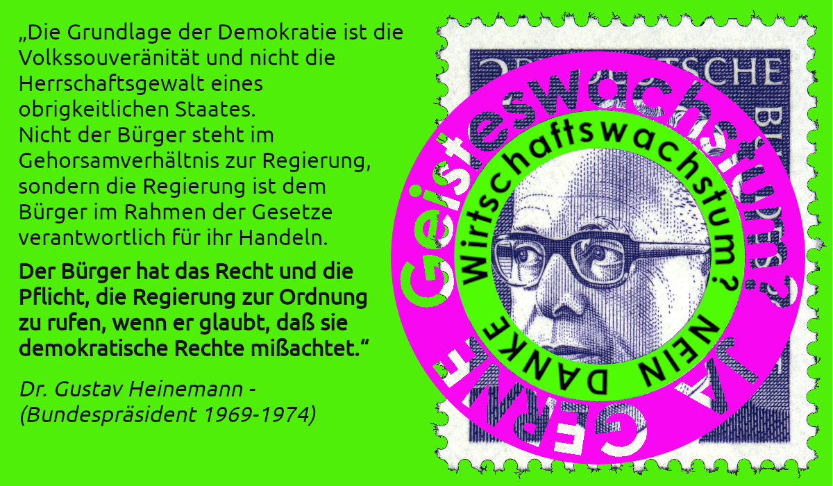 Der Bürger hat das Recht und die Pflicht, die Regierung zur Ordnung zu rufen, wenn er glaubt, daß sie demokratische Rechte mißachtet. Dr. Gustav Heinemann Bundespräsident von 1969 bis 1974